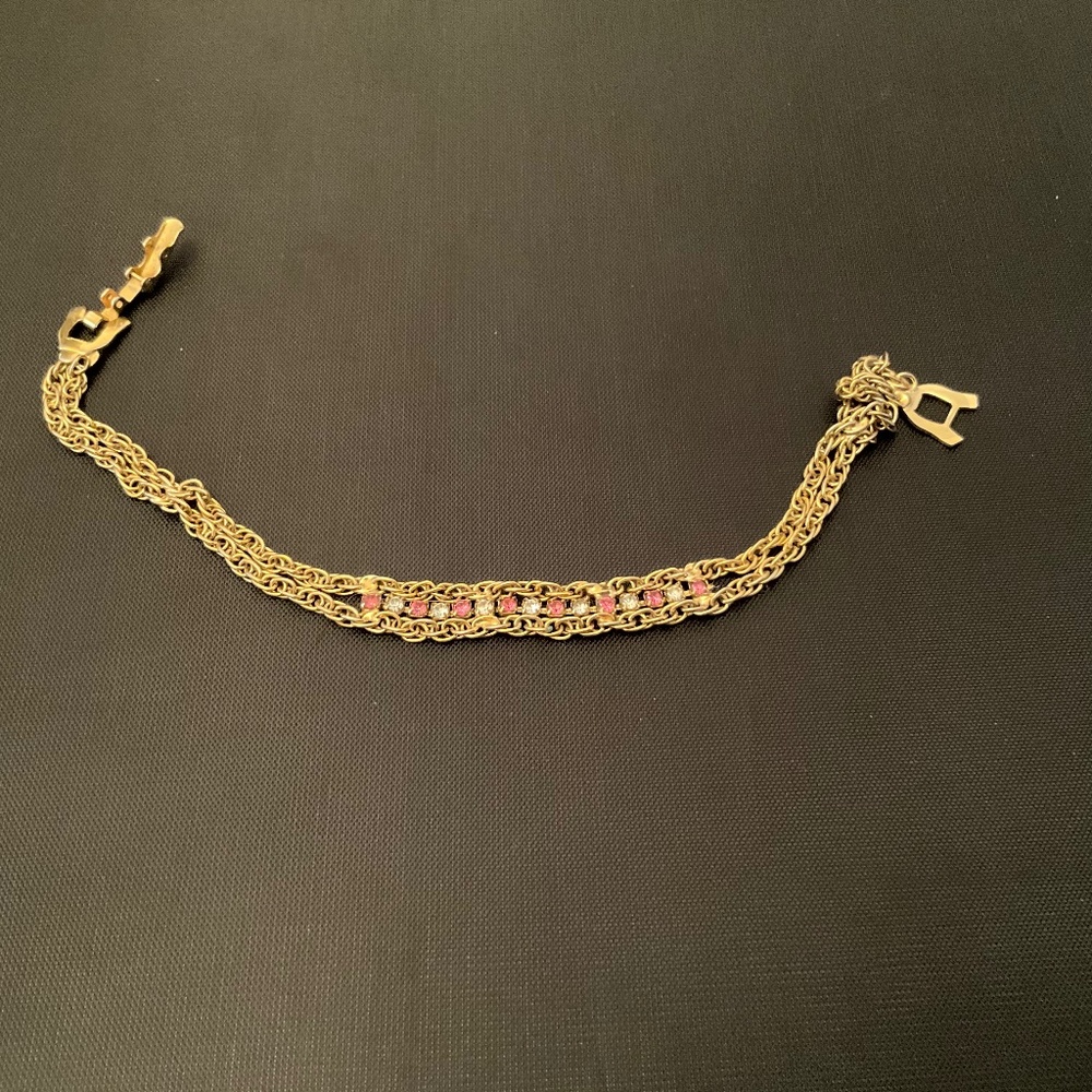 Gold Tone Double Chain With Pink and Clear Rhinestones Bracelet